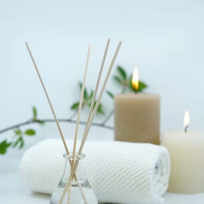 Candle and calming details in the studio